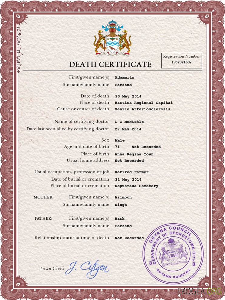 Modèle PSD de certificat de décès de l'état civil de Guyane